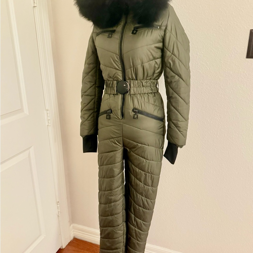 Olive Green ski suit with Black Faux Fur Collar